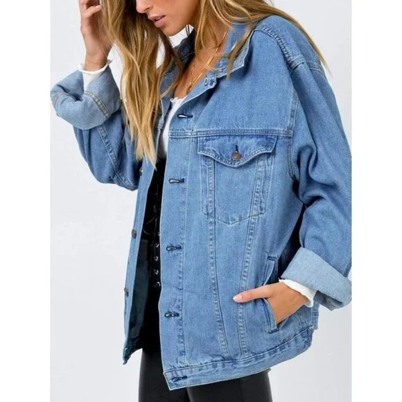 Womens Blue Oversized Vintage Denim Jacket Long Sleeve Boyfriend Casual Coat - Picture 2 of 6